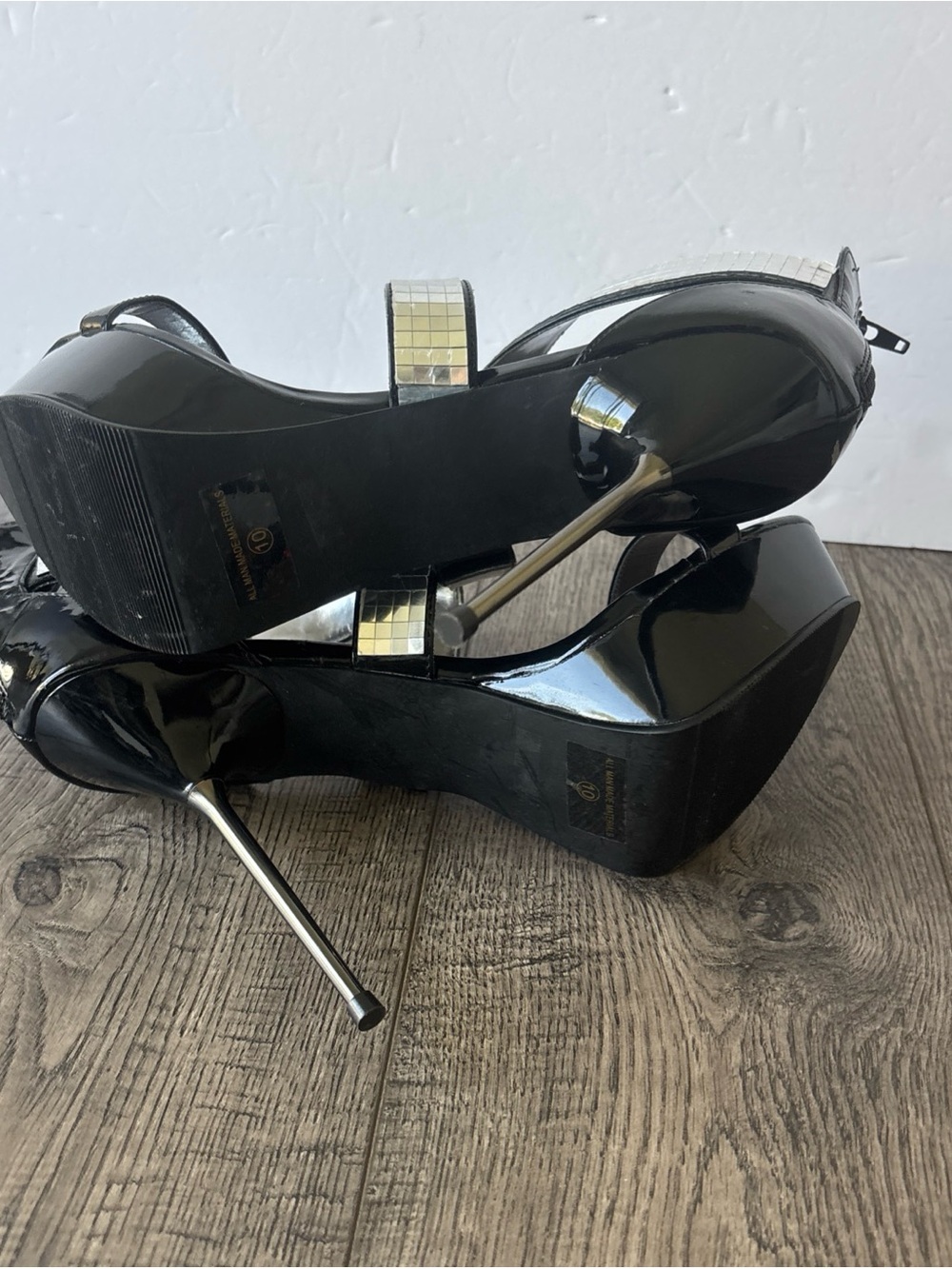 Ellie Black Patent Platform Stiletto Sandals with Silver Mosaic Straps - Picture 9 of 14